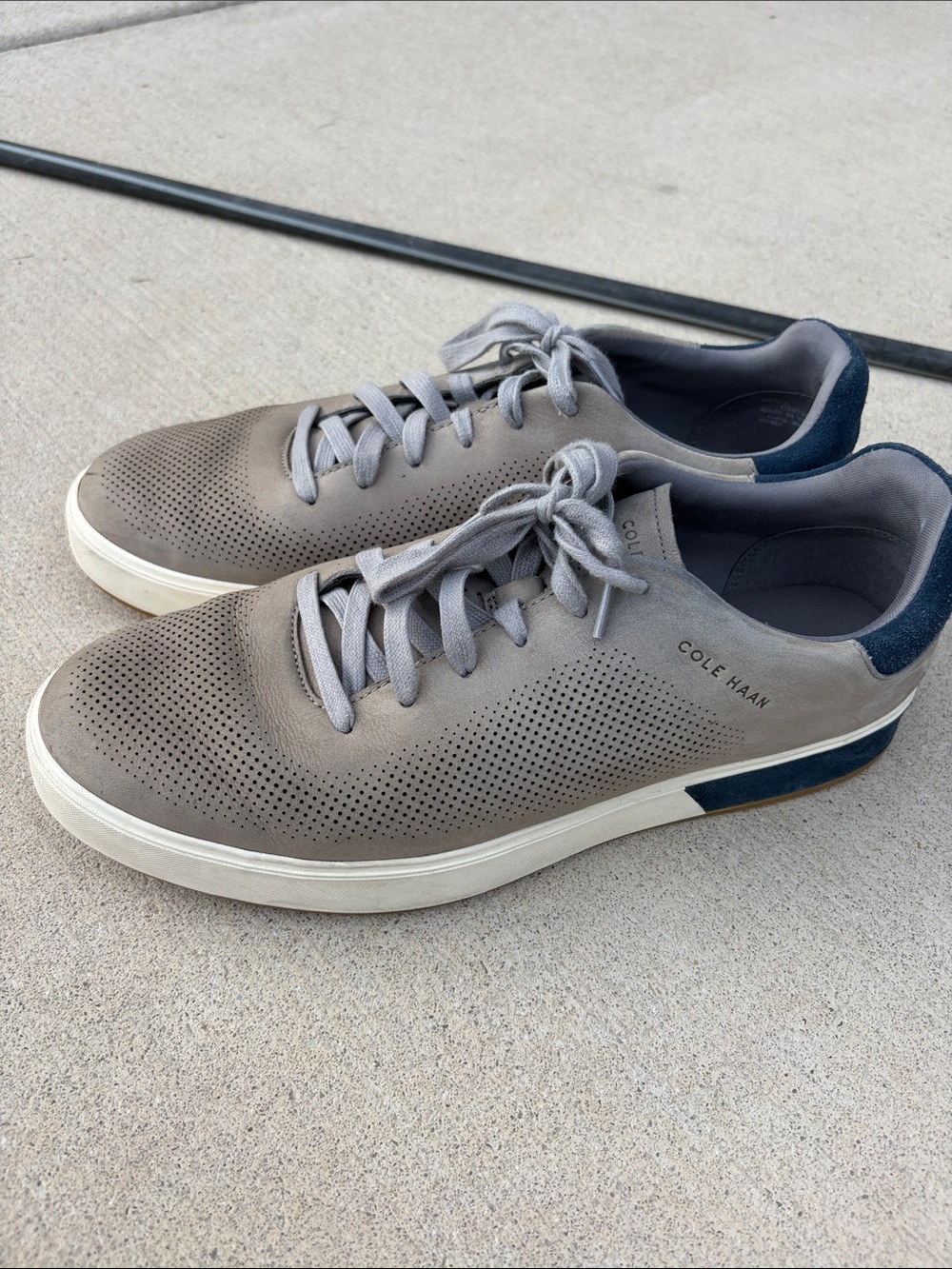 Cole Haan Taupe Perforated Leather Sneakers with Navy Heel